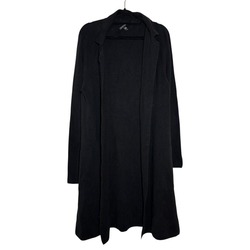 Eileen Fisher Black Silk Cotton Knit Minimalist Open Long Cardigan Jacket Large